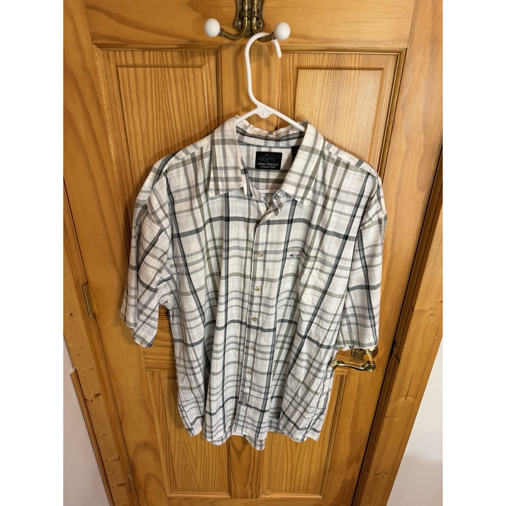 Greg Norman Collection Mens XL Plaid Short Sleeve Shirt 100% Cotton Gray White